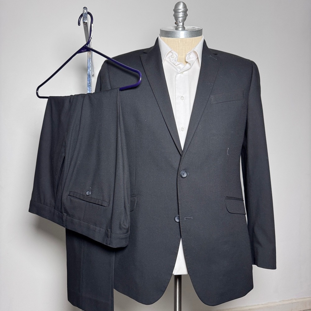 Reaction Kenneth Cole Mens 44L‎ W37 Black Wool Blend Techni-Cole Suit